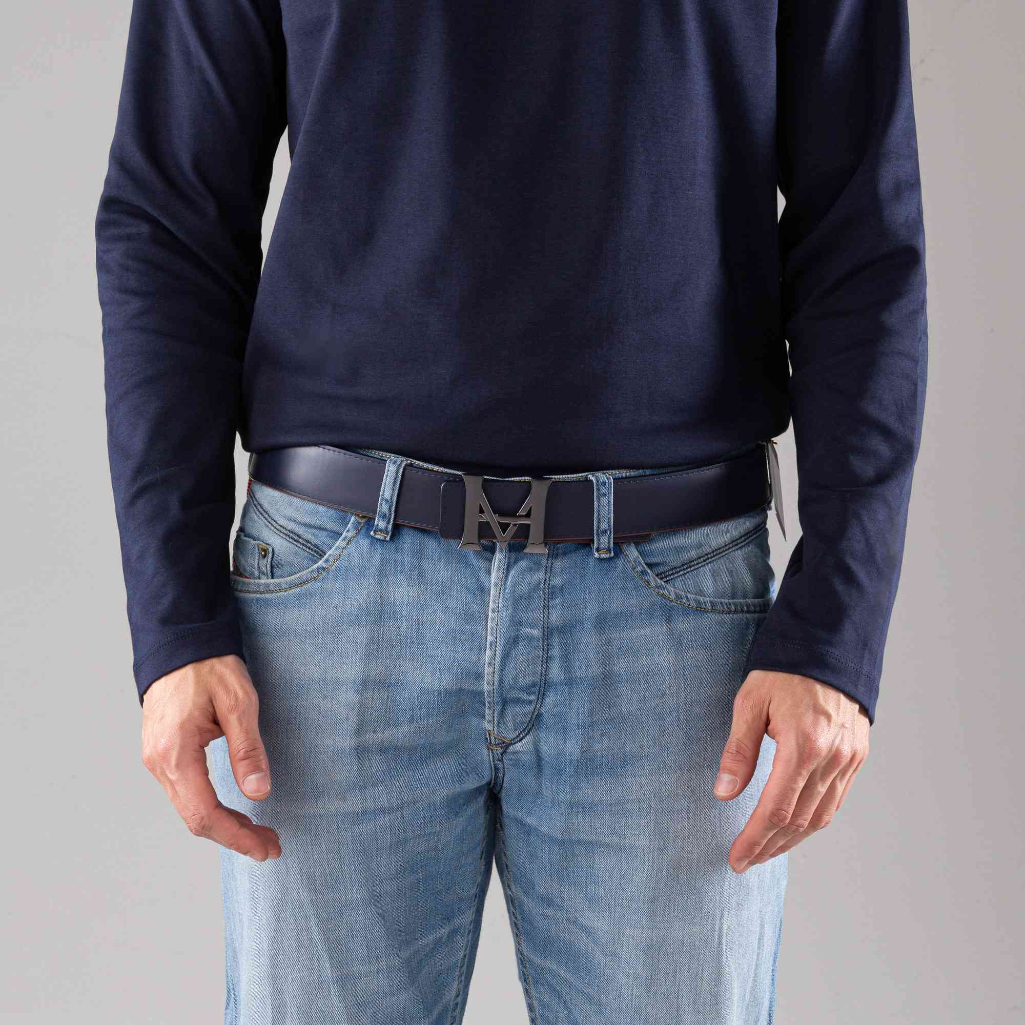 Cinturon hombre casual monograma doble faz 3.5 cm indigo caoba